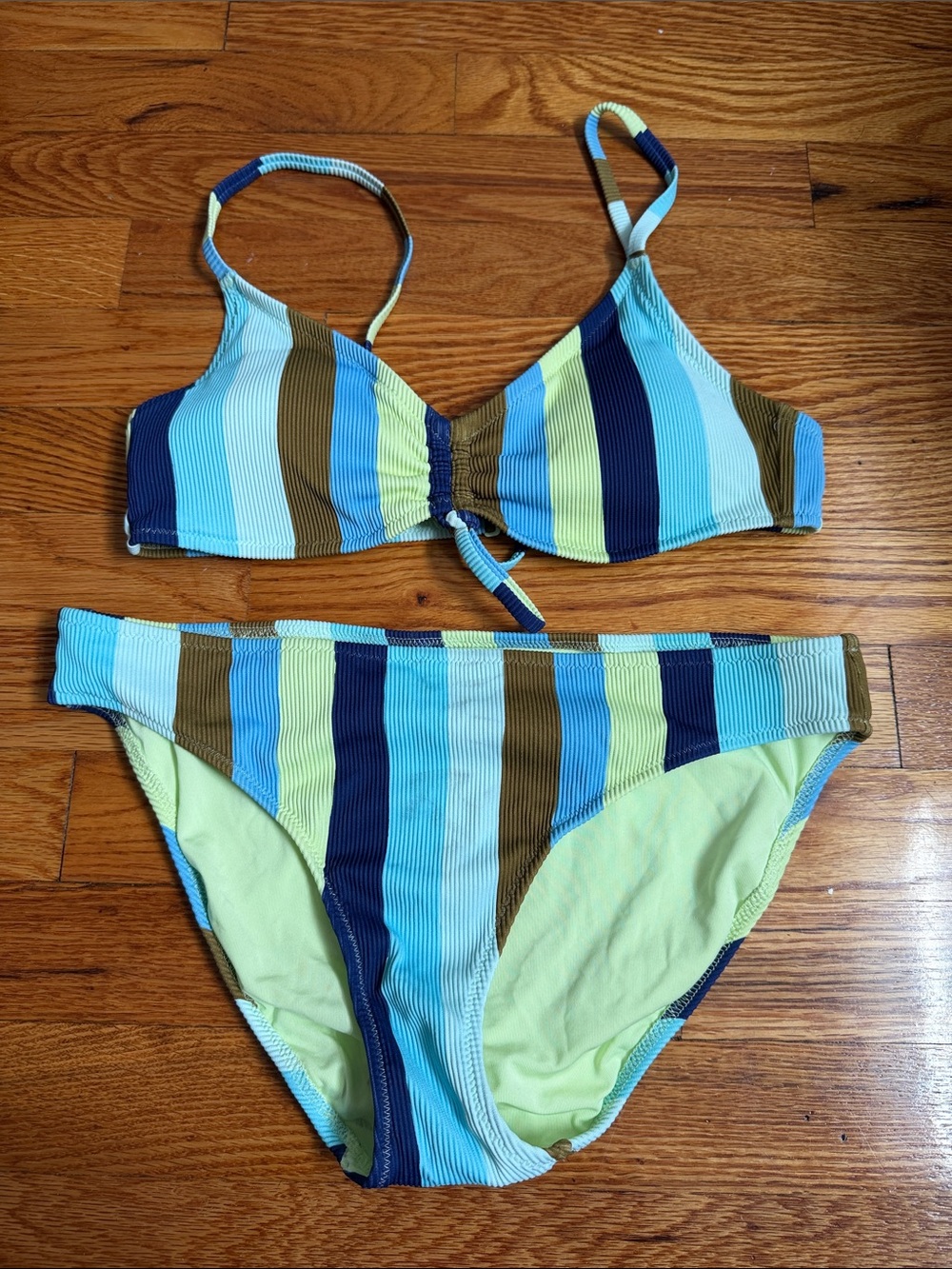 Striped Two-Piece Bikini Set in Aqua, Navy & Olive